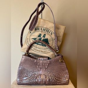 BRAHMIN Gabriel Vintage Purple/Lavender Croc Embossed Leather Satchel/Cr…